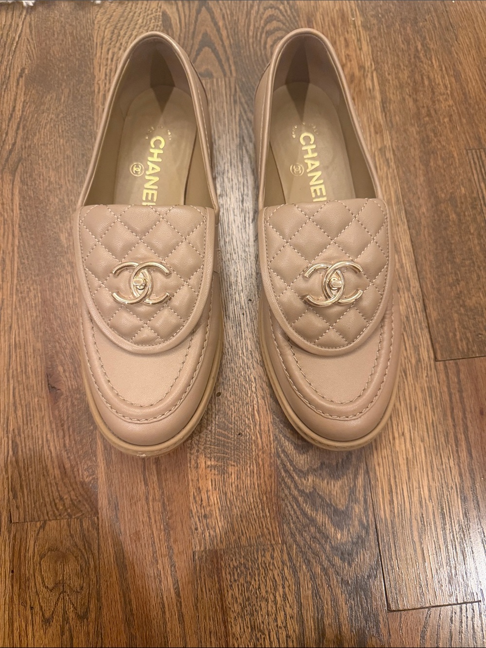 CHANEL Quilted Leather Loafers in Nude Beige with Gold CC Hardware